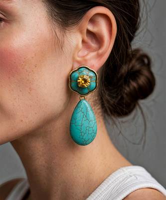 Gold plated turquoise blue stone citrine dangler earrings 1