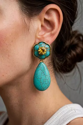 Gold plated turquoise blue stone citrine dangler earrings