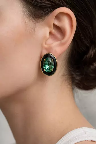 Gold plated black stone swarovski crystal stud earrings