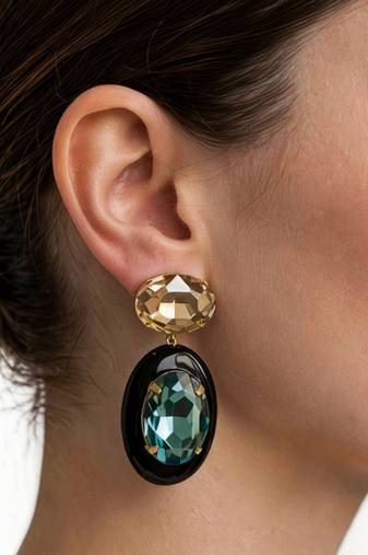Gold plated black stone swarovski dangler earrings