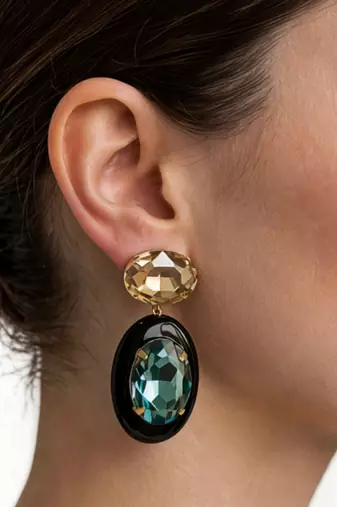 Gold plated black stone swarovski dangler earrings