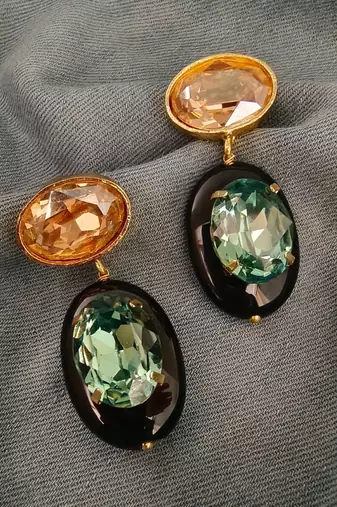 Gold plated black stone swarovski dangler earrings