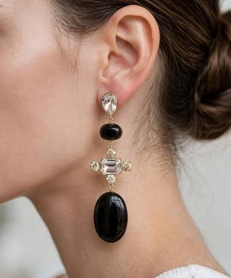 Gold plated black stone crystal dangler earrings 1