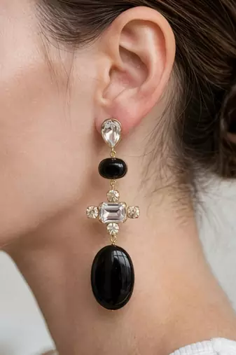 Gold plated black stone crystal dangler earrings