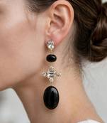 Gold plated black stone crystal dangler earrings