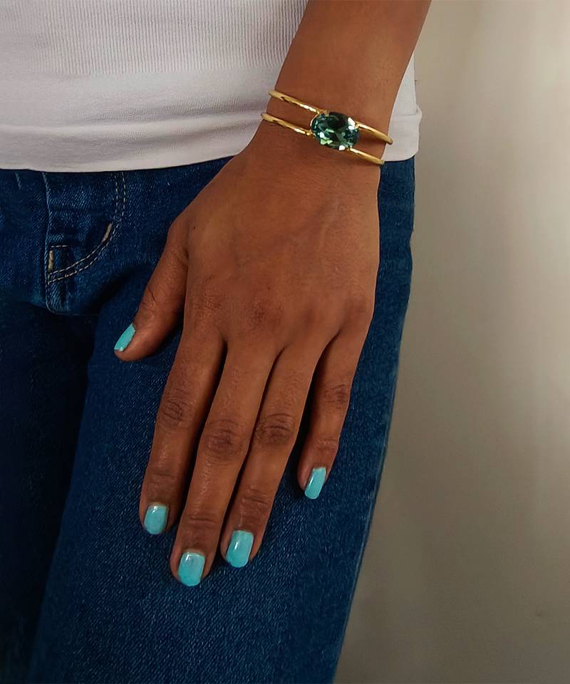 Gold plated luxe green stone crystal cuff bracelet