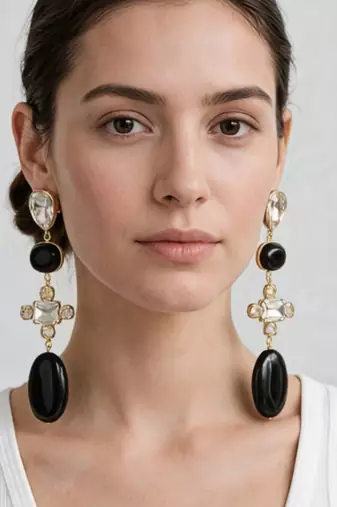 Gold plated black stone crystal dangler earrings