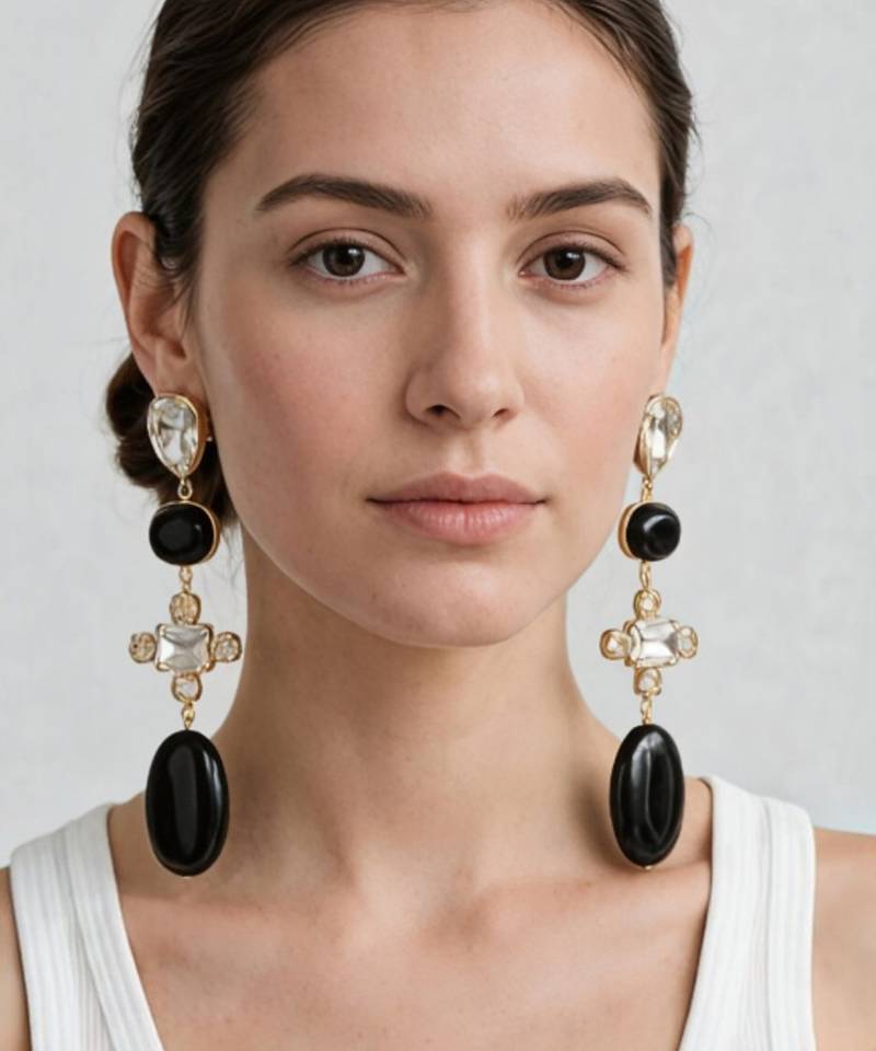 Gold plated black stone crystal dangler earrings