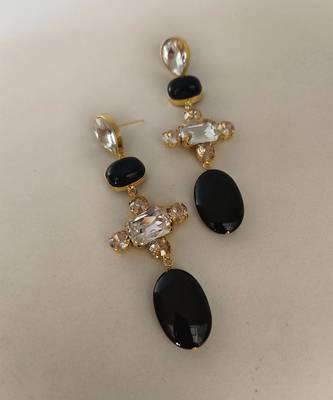 Gold plated black stone crystal dangler earrings 3
