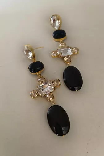 Gold plated black stone crystal dangler earrings
