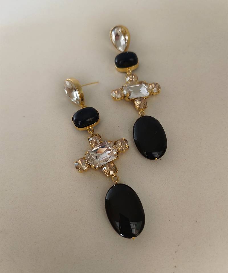 Gold plated black stone crystal dangler earrings