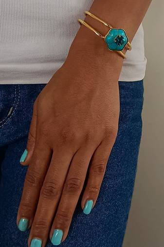 Gold plated turquoise blue stone crystal cuff bracelet