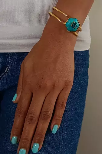 Gold plated turquoise blue stone crystal cuff bracelet