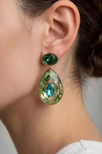 Gold plated green stone swarovski crystal dangler earrings
