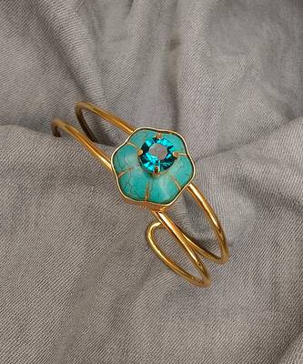 Gold plated turquoise blue stone crystal cuff bracelet 2