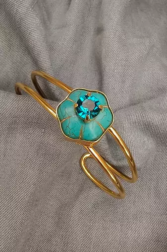 Gold plated turquoise blue stone crystal cuff bracelet