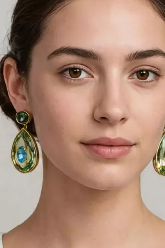 Gold plated green stone swarovski crystal dangler earrings