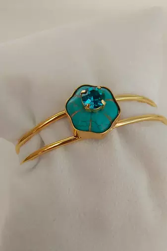 Gold plated turquoise blue stone crystal cuff bracelet