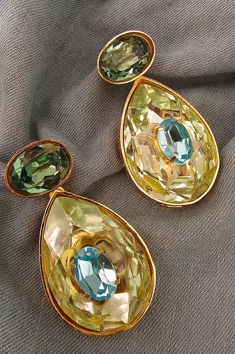 Gold plated green stone swarovski crystal dangler earrings
