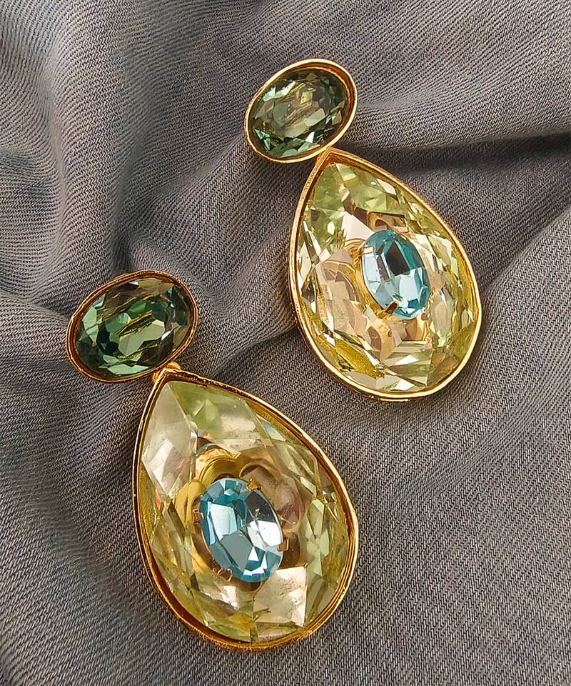 Gold plated green stone swarovski crystal dangler earrings