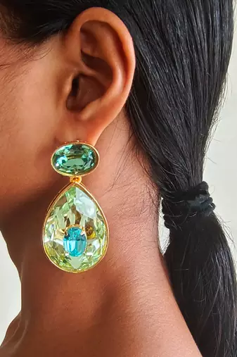 Gold plated green stone swarovski crystal dangler earrings