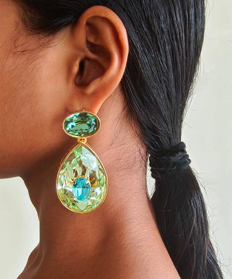 Gold plated green stone swarovski crystal dangler earrings