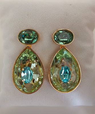 Gold plated green stone swarovski crystal dangler earrings 5