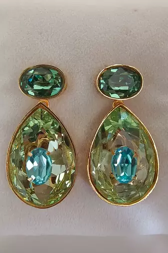 Gold plated green stone swarovski crystal dangler earrings
