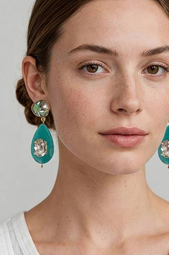Gold plated turquoise stone mint green crystal dangler earrings
