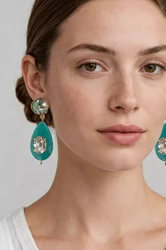 Gold plated turquoise stone mint green crystal dangler earrings