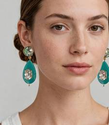 Gold plated turquoise stone mint green crystal dangler earrings