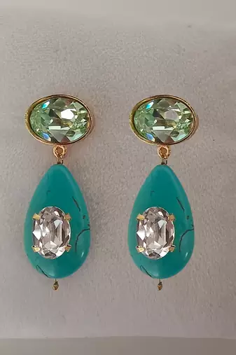 Gold plated turquoise stone mint green crystal dangler earrings