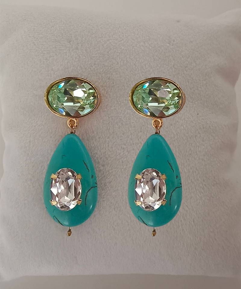 Gold plated turquoise stone mint green crystal dangler earrings