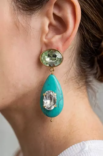 Gold plated turquoise stone mint green crystal dangler earrings