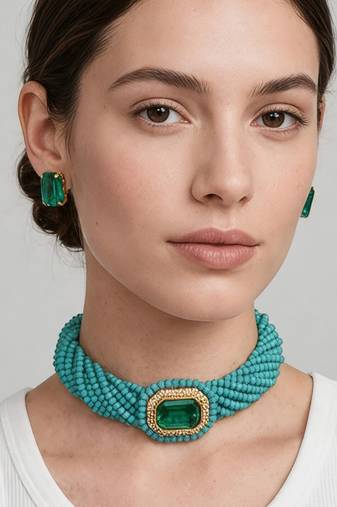 Gold plated turquoise and emerald green stone choker set