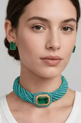 Gold plated turquoise and emerald green stone choker set
