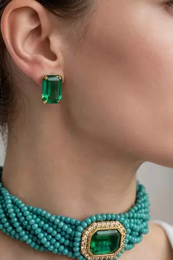 Gold plated turquoise and emerald green stone choker set