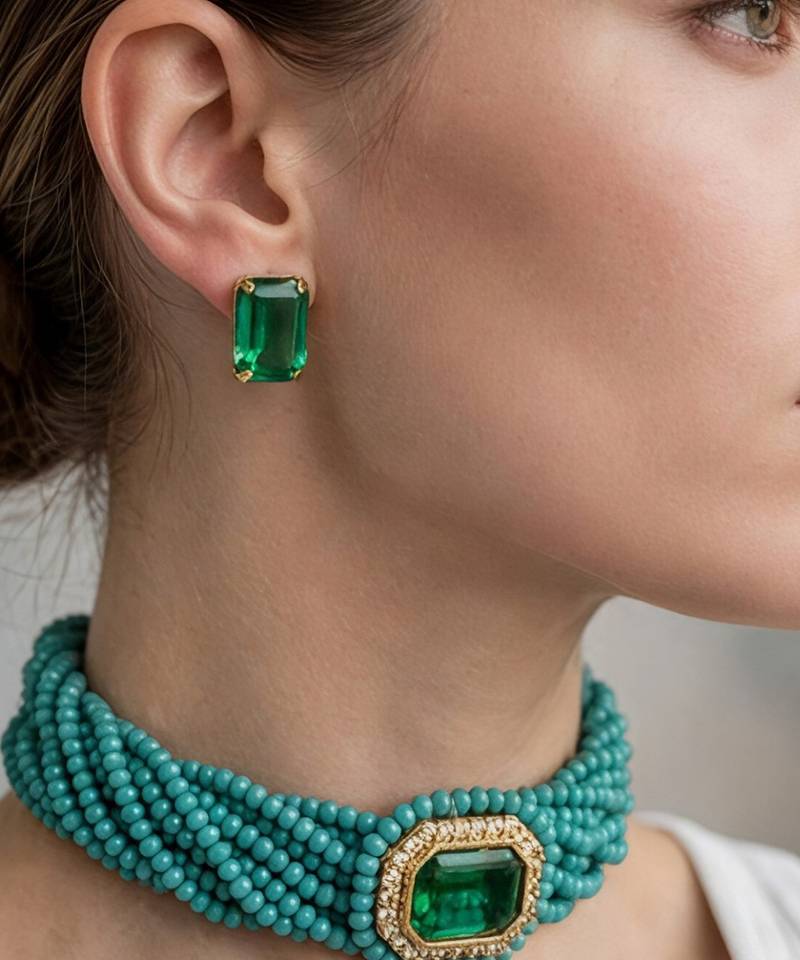 Gold plated turquoise and emerald green stone choker set