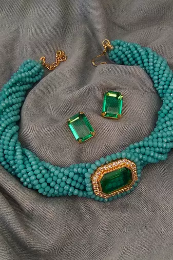 Gold plated turquoise and emerald green stone choker set