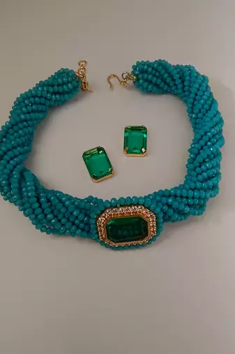 Gold plated turquoise and emerald green stone choker set