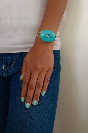 Gold plated turquoise blue stone crystal cuff bracelet
