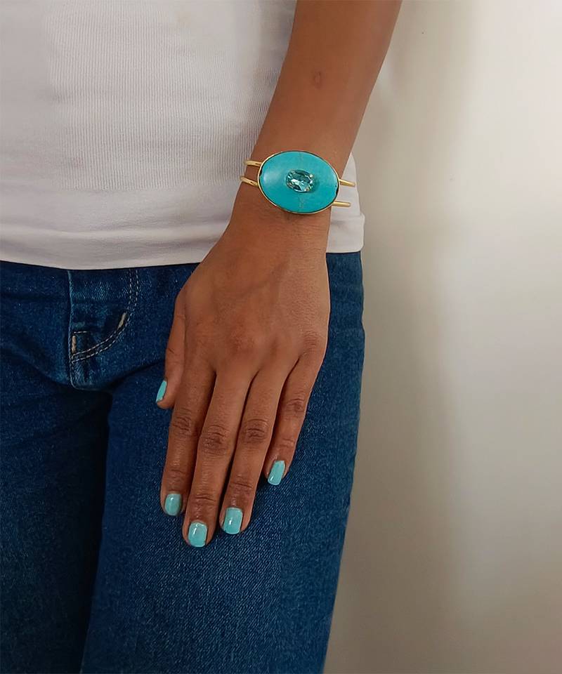 Gold plated turquoise blue stone crystal cuff bracelet