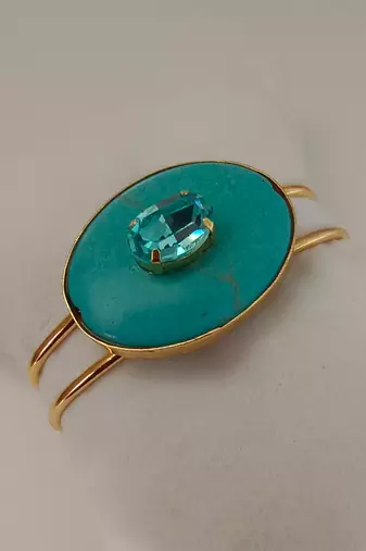 Gold plated turquoise blue stone crystal cuff bracelet