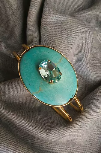 Gold plated turquoise blue stone crystal cuff bracelet