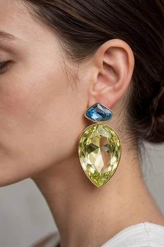 Gold plated blue and mint green crystal stud earrings