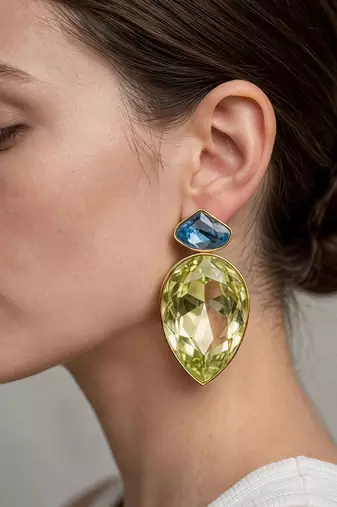 Gold plated blue and mint green crystal stud earrings