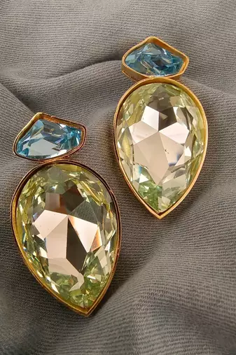 Gold plated blue and mint green crystal stud earrings