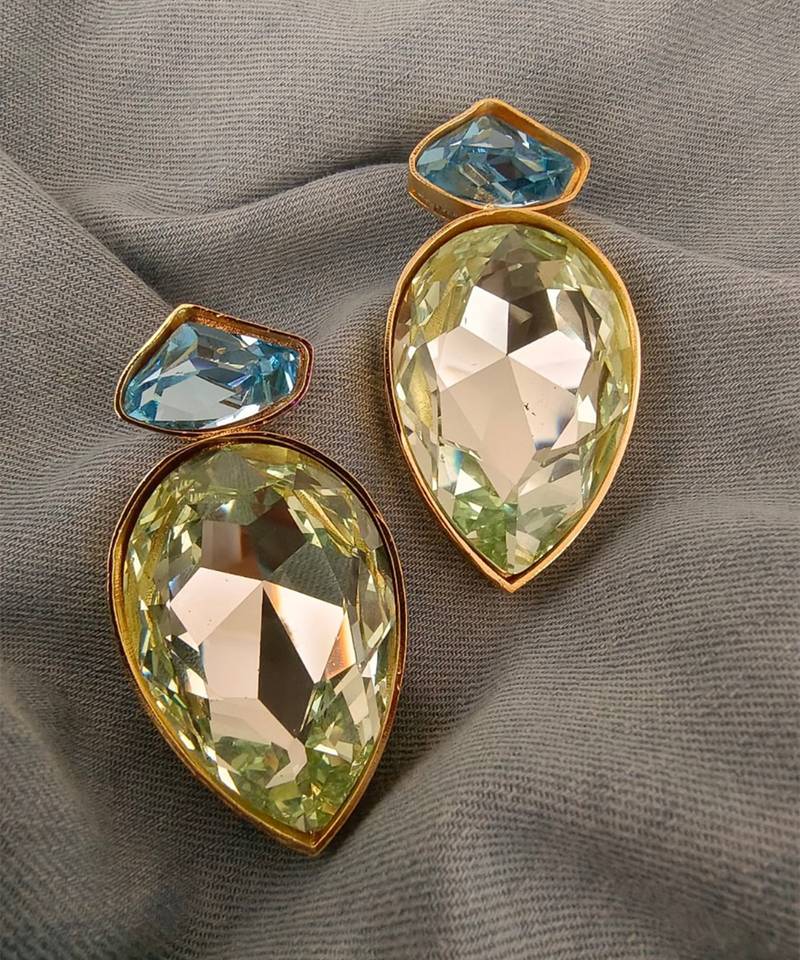 Gold plated blue and mint green crystal stud earrings