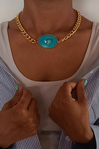 Gold plated turquoise blue stone chain necklace