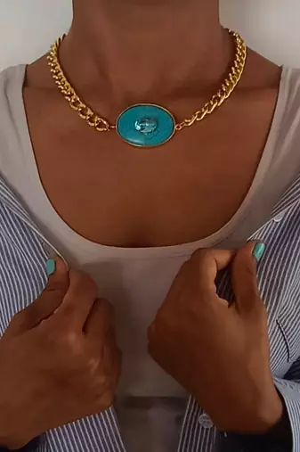 Gold plated turquoise blue stone chain necklace